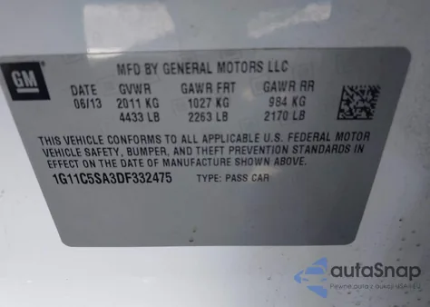 2013 Chevrolet Malibu 1Lt from USA, damaged, VIN 1G11C5SA3DF332475